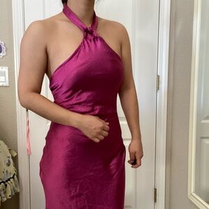 NWT Fuchsia Satin Knot Halter Maxi Dress